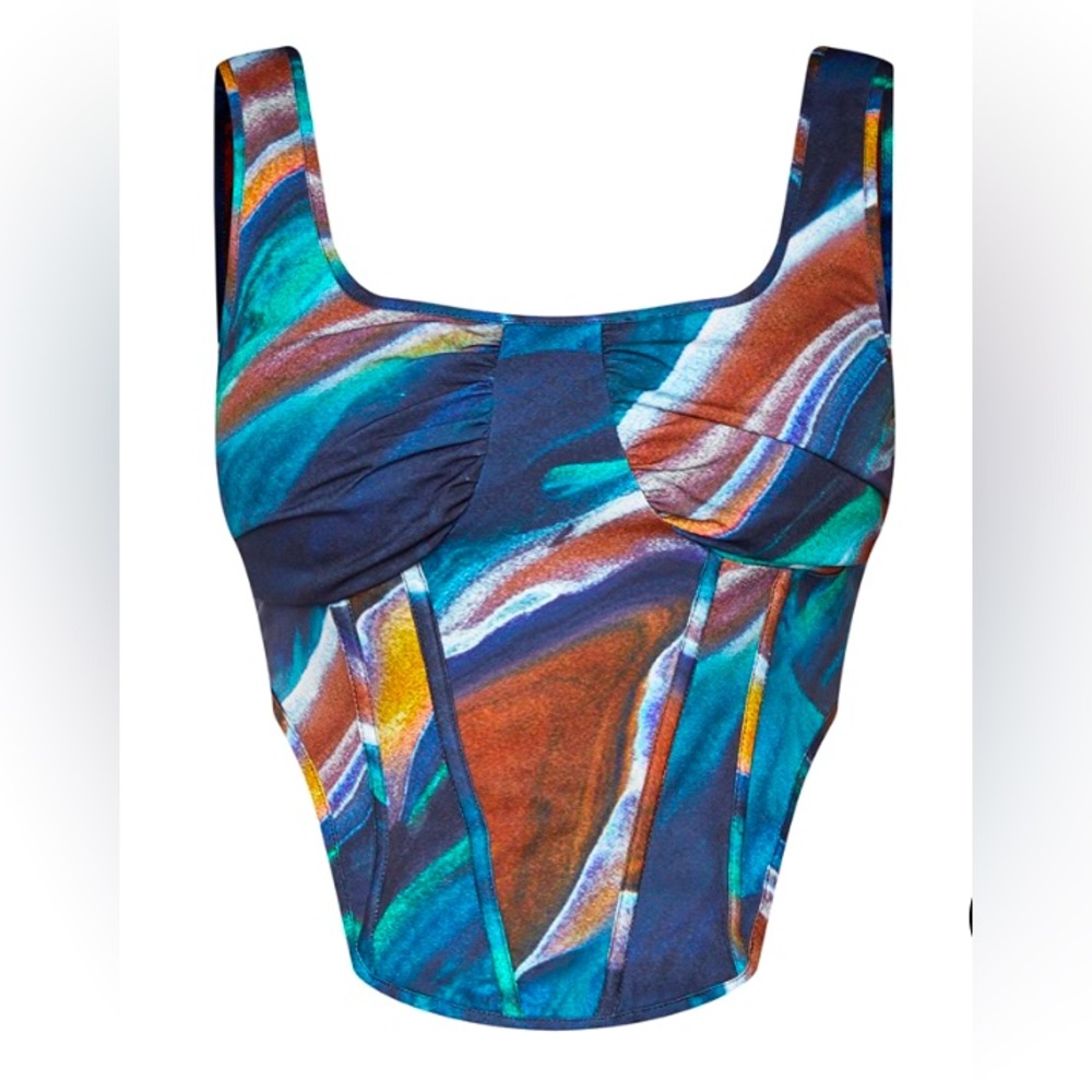 NWT PrettyLittleThing Plus Navy Marble Printed Corset Top Women Size 26
